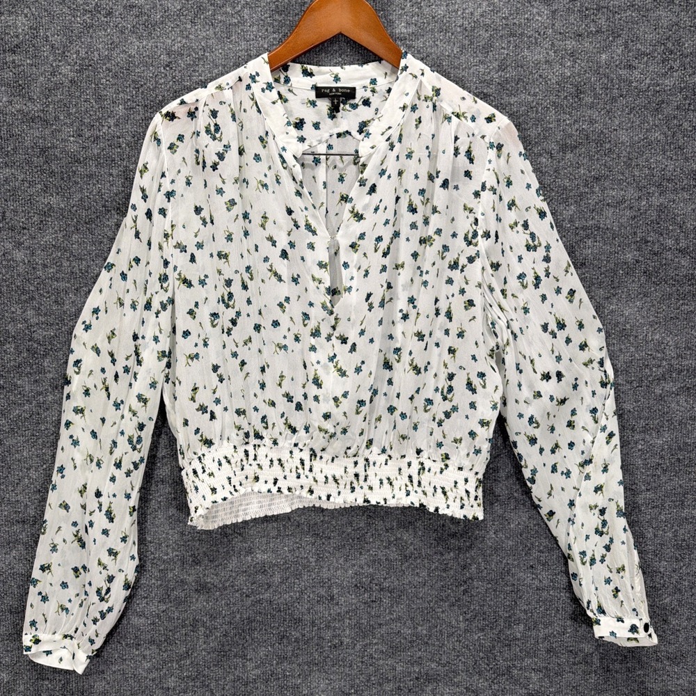 Rag & Bone Blouse Calista White Sheer Floral V Neck Viscose Smocked Waist Boho